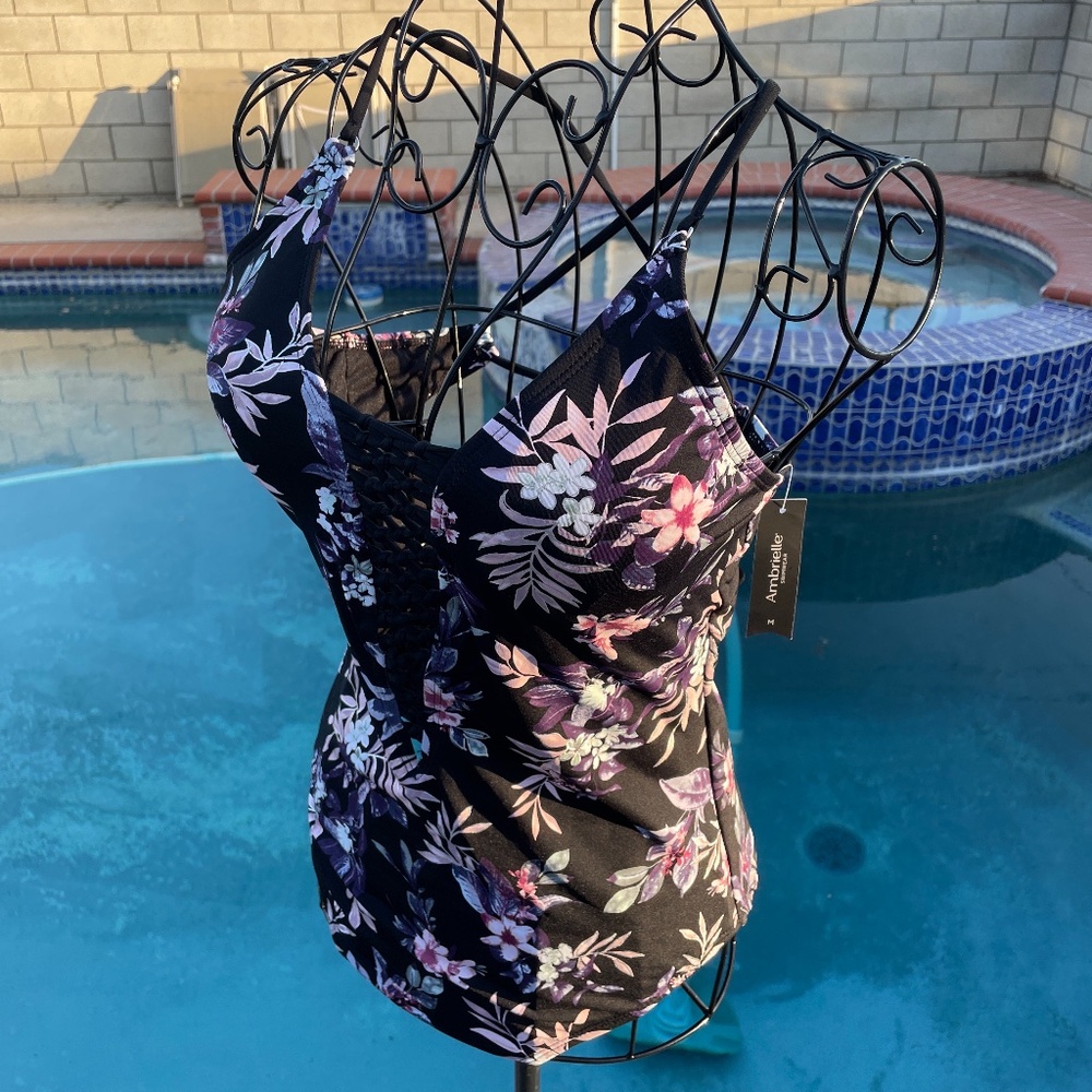 Black bathing suit with pink & purple floral print